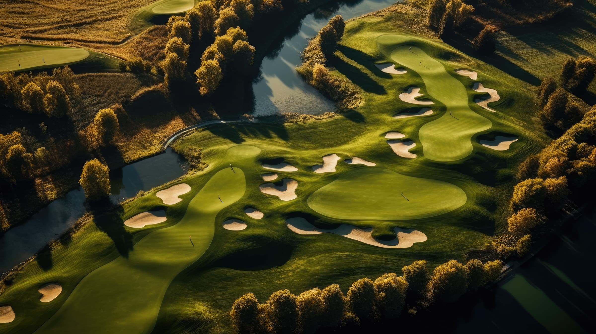 Aerial view of a golf course at golden hour — fairways, bunkers, and a river winding through autumn trees