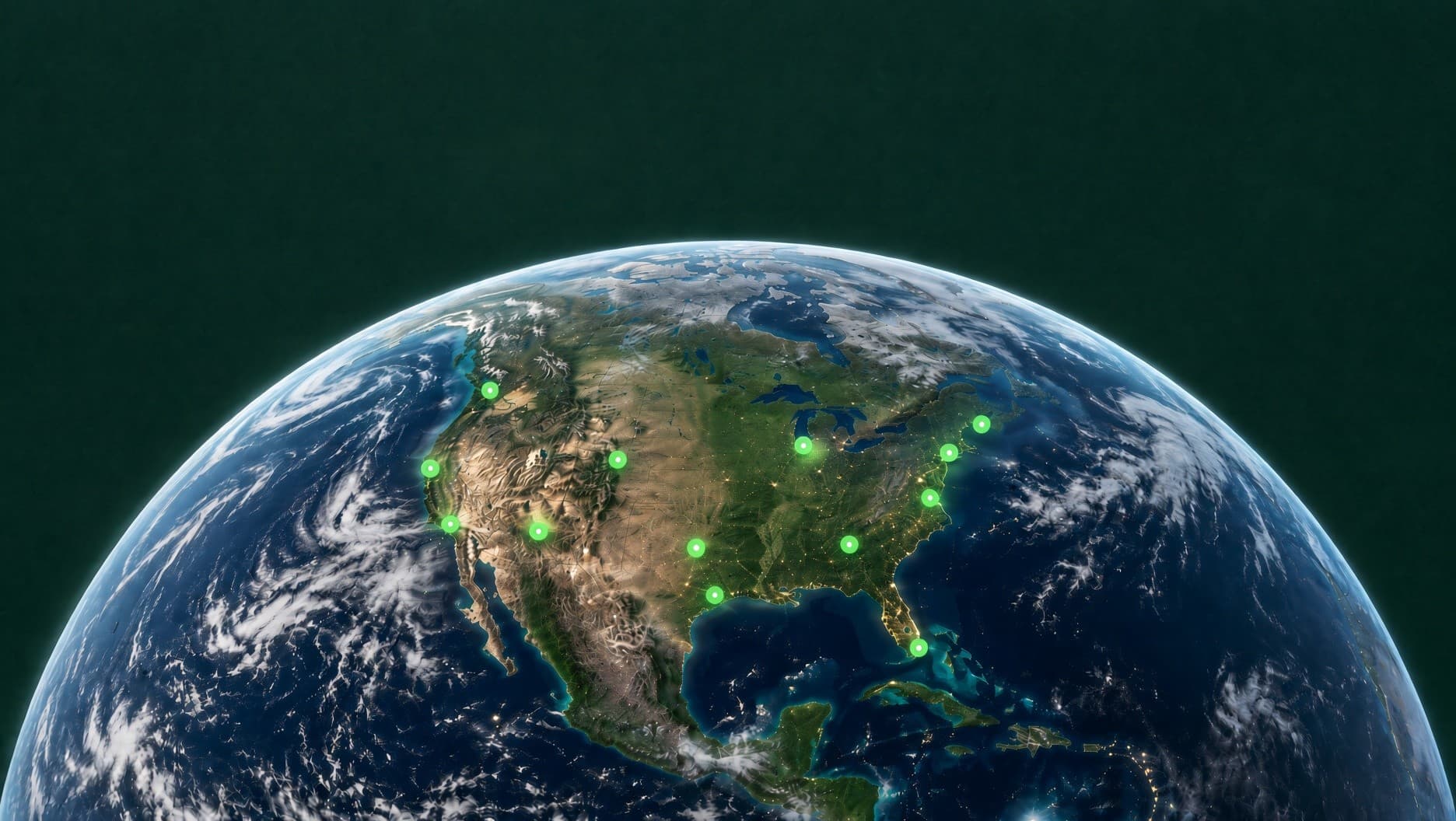 The Earth seen from space with North America in view, soft points of light marking major U.S. aviation markets