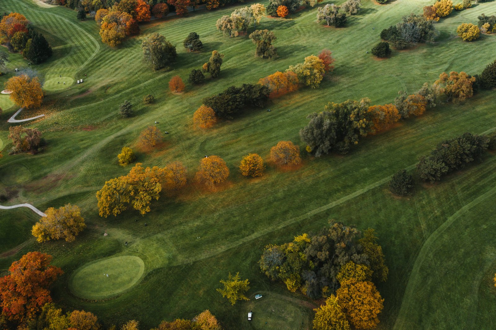 Aerial view of a golf course in autumn